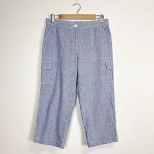 Talbots Pants Womens 8P Petite Blue White Striped Linen Cotton Pockets Cropped